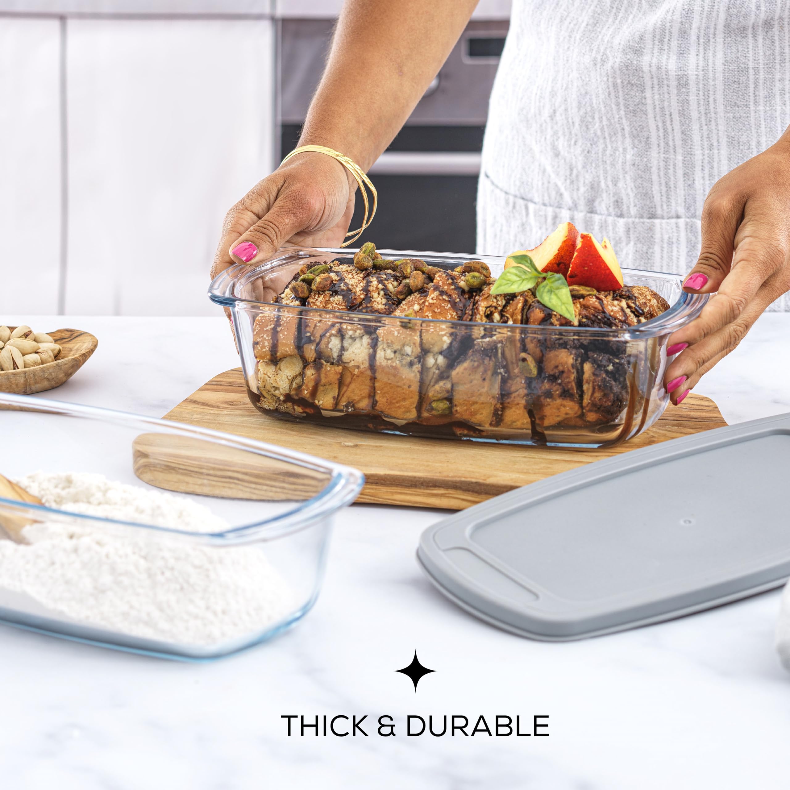 JoyJolt loaf pan with lid stacked in fridge for compact organized storage