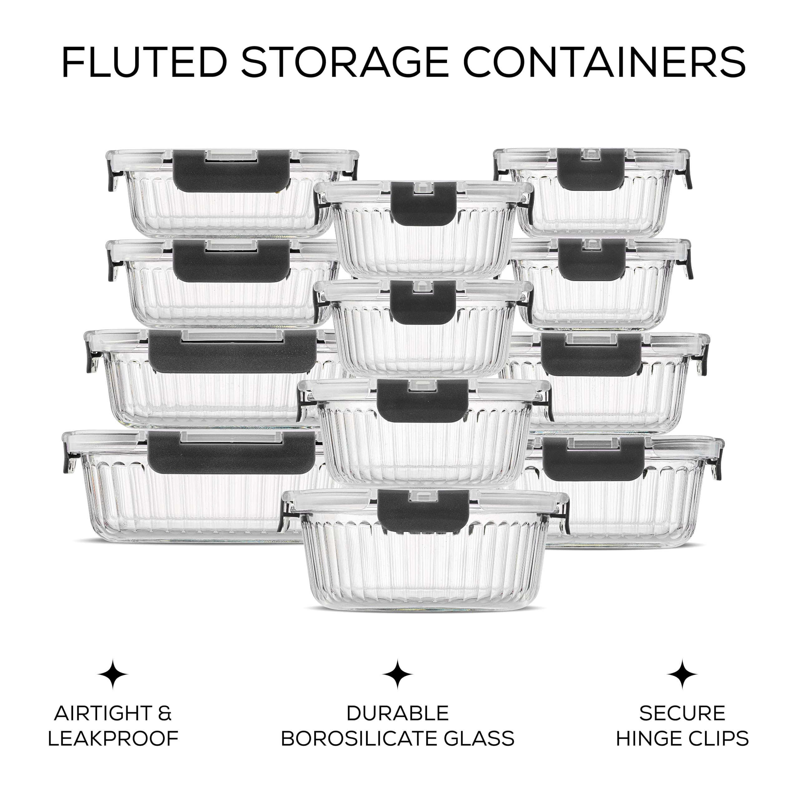 JoyJolt fluted rectangular container close-up highlighting glass texture and leakproof seal benefit