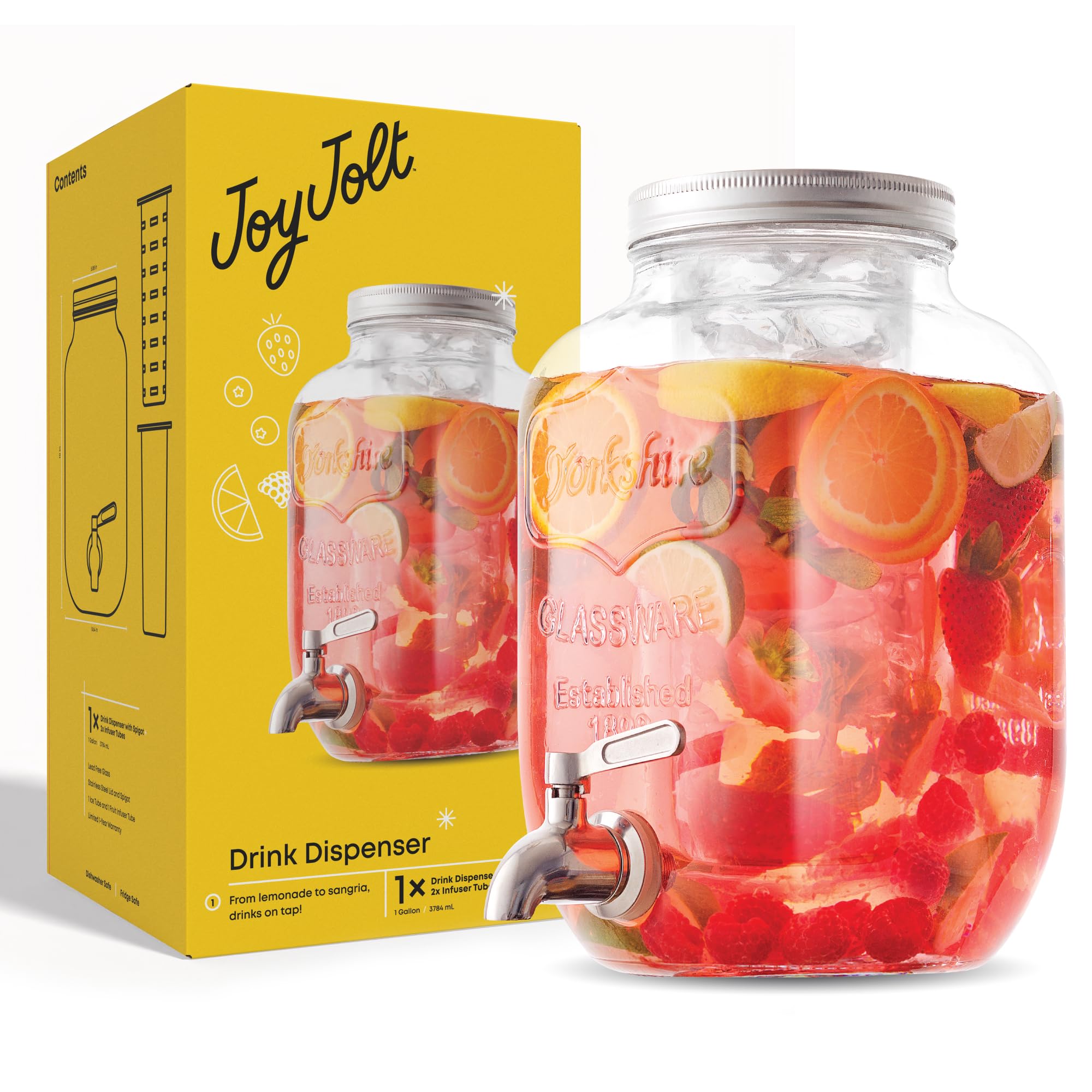 JoyJolt next to drinking glass showing gallon capacity and scale benefit