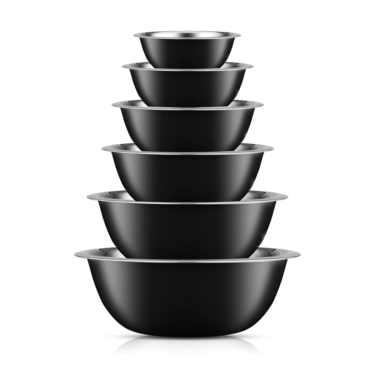 JoyJolt stacked mixing bowls front view showing space-saving nesting and stylish black finish