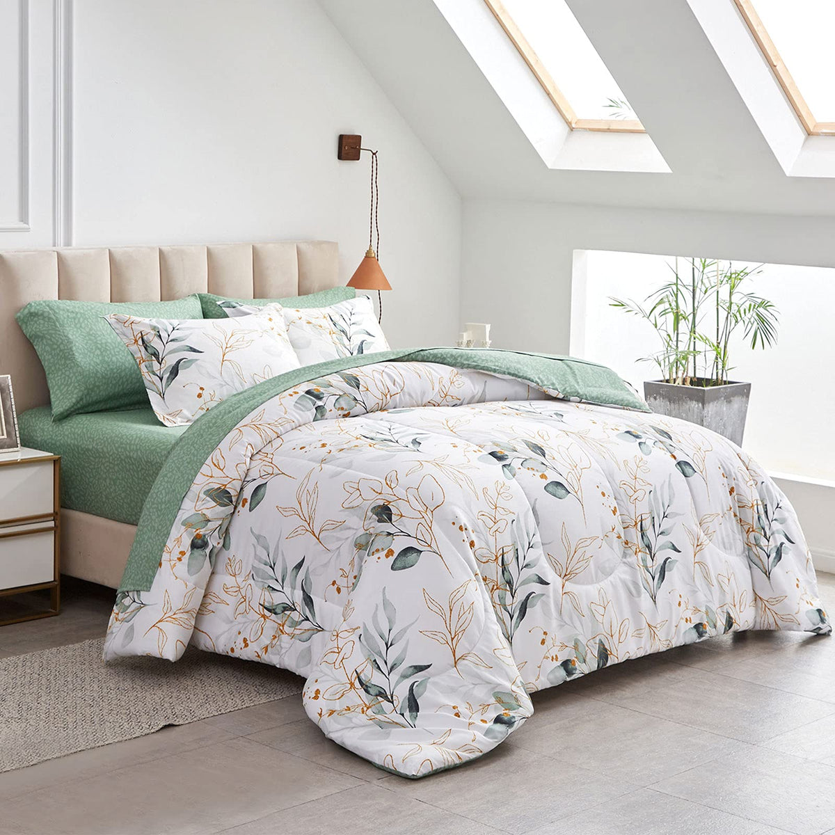 Joyreap comforter front view showing leaf print and inviting texture