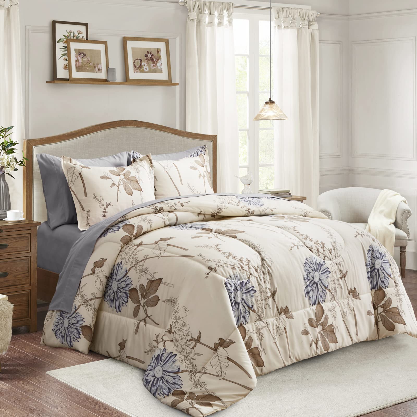 Joyreap front view of full 7 piece floral comforter set showing coordinated look and easy styling