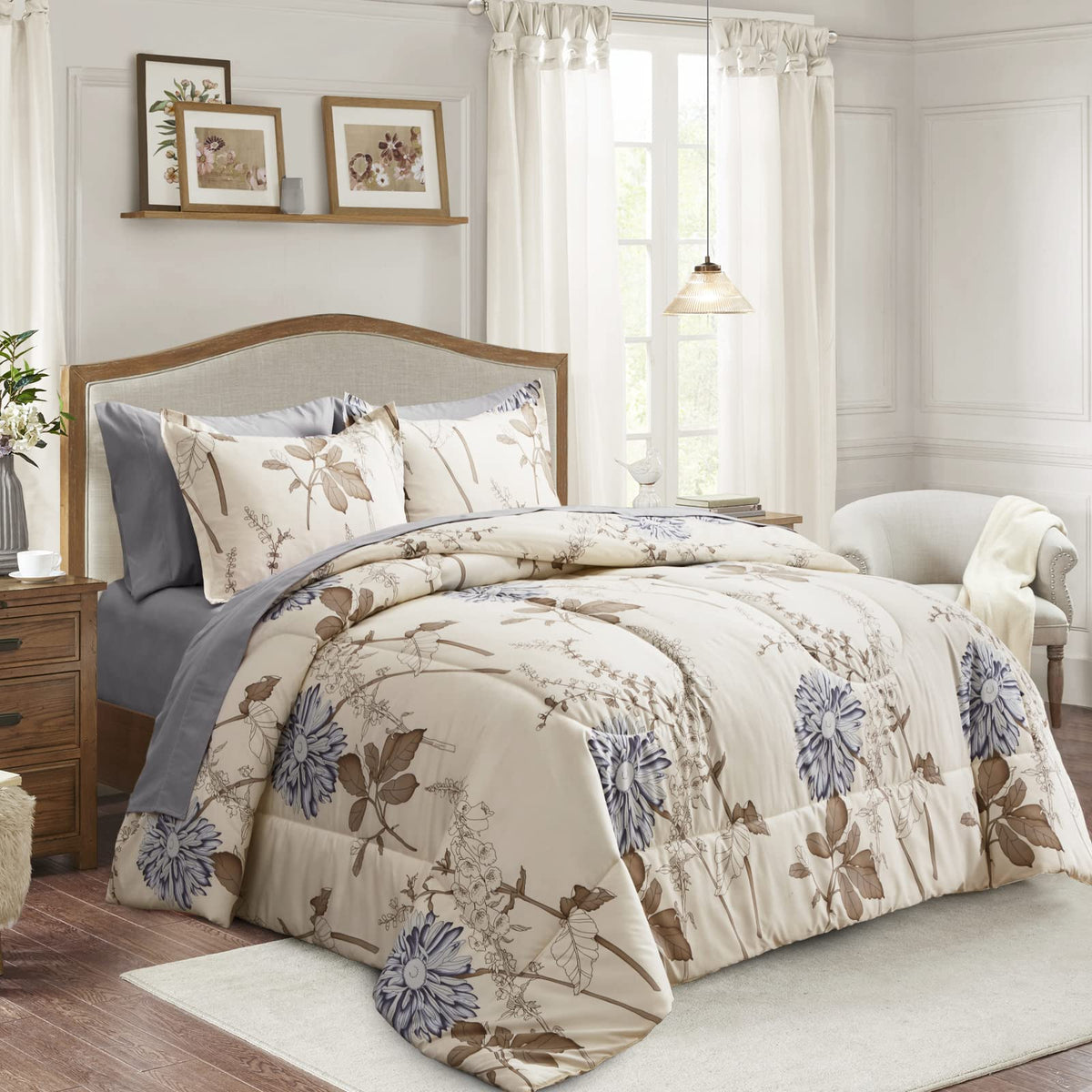 Joyreap front view of full 7 piece floral comforter set showing coordinated look and easy styling