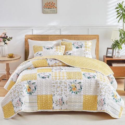 Joyreap quilt front floral design shows vibrant yellow flowers and cheerful style