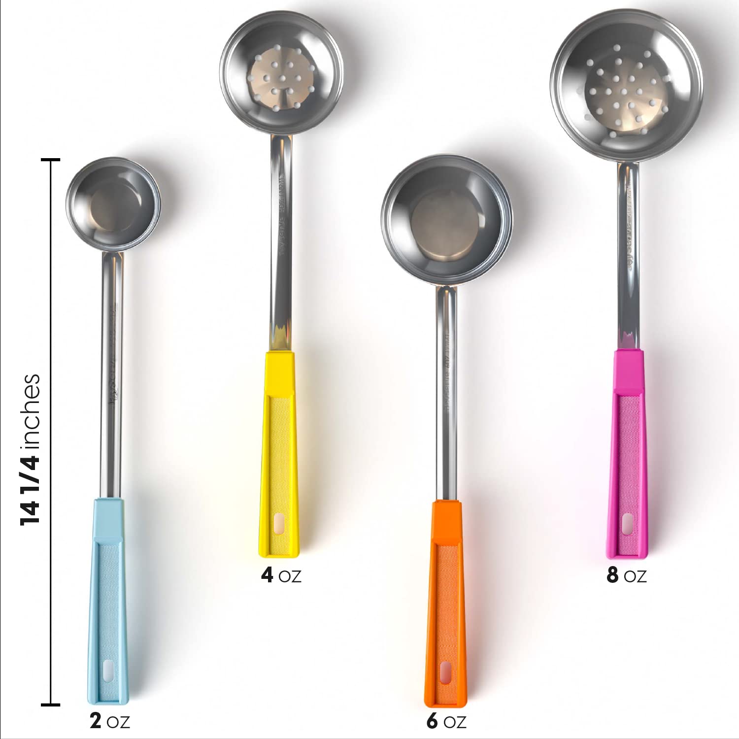 JoyServe perforated spoon draining liquid from vegetables, fast drainage and portion retention