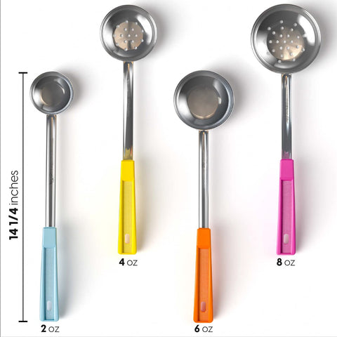 JoyServe perforated spoon draining liquid from vegetables, fast drainage and portion retention