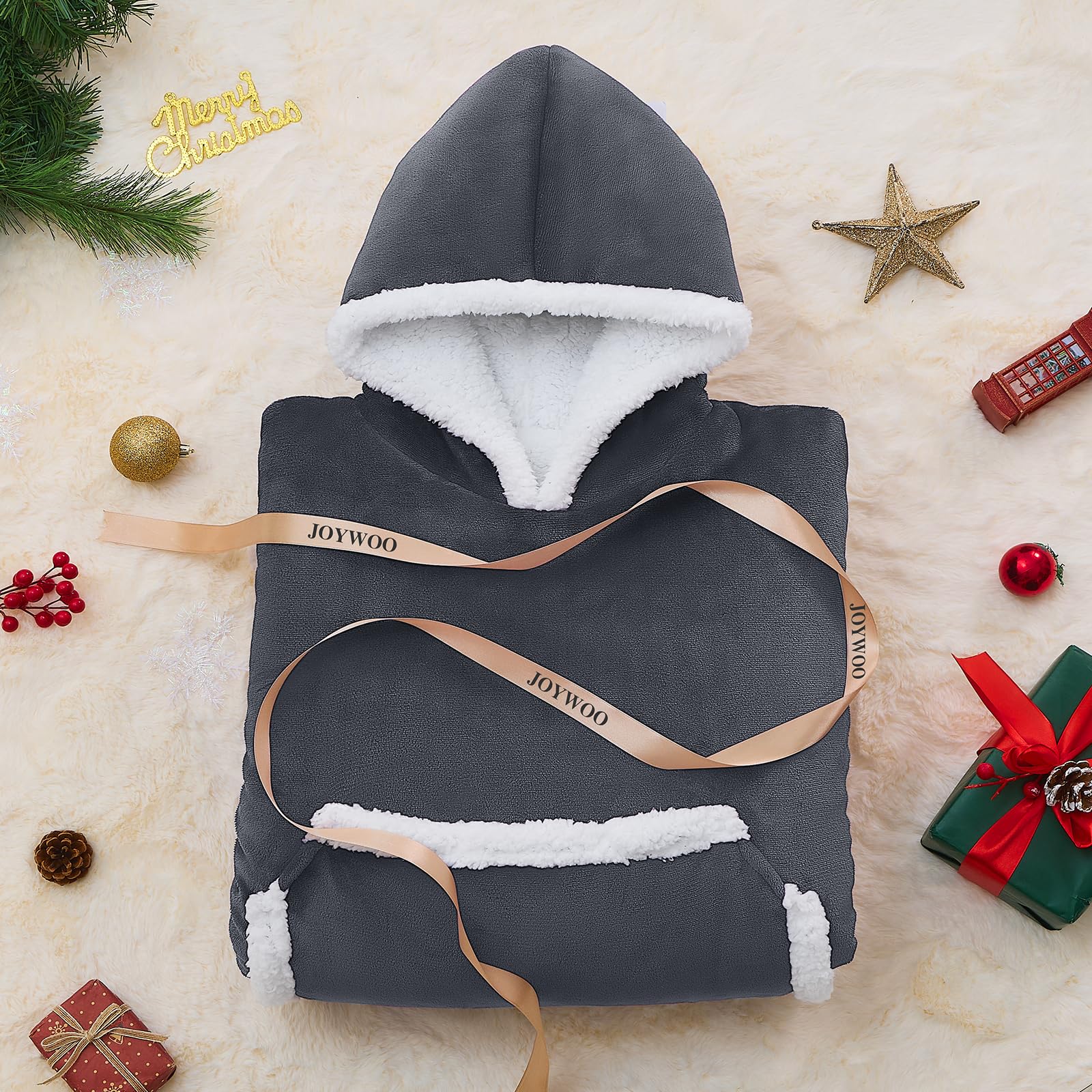 JOYWOO folded hoodie with label showing compact storage and gift-ready look