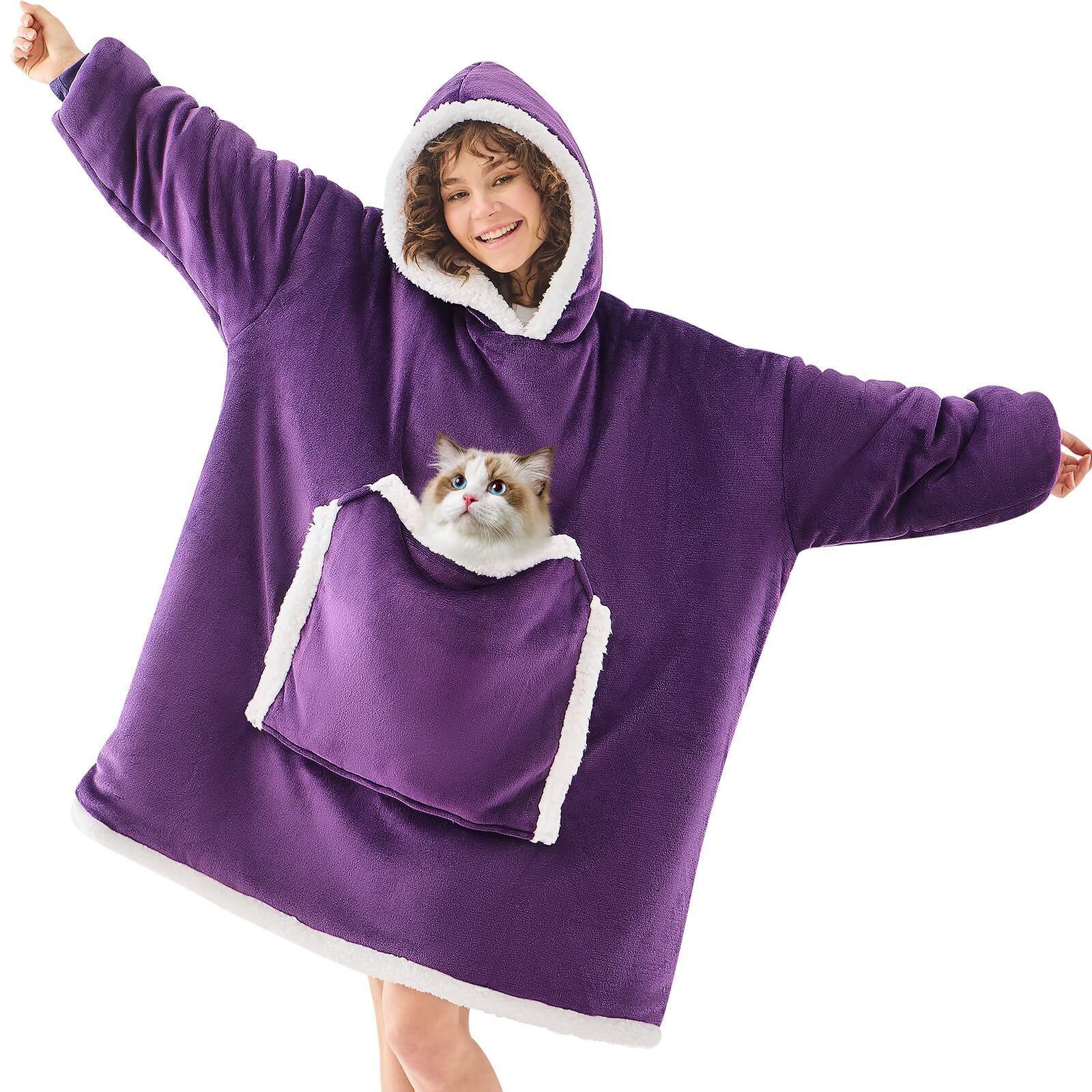 JOYWOO front view of dark purple wearable blanket hoodie showing cozy fit