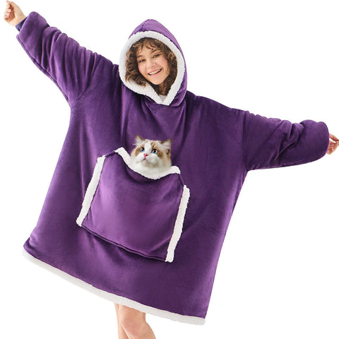 JOYWOO front view of dark purple wearable blanket hoodie showing cozy fit
