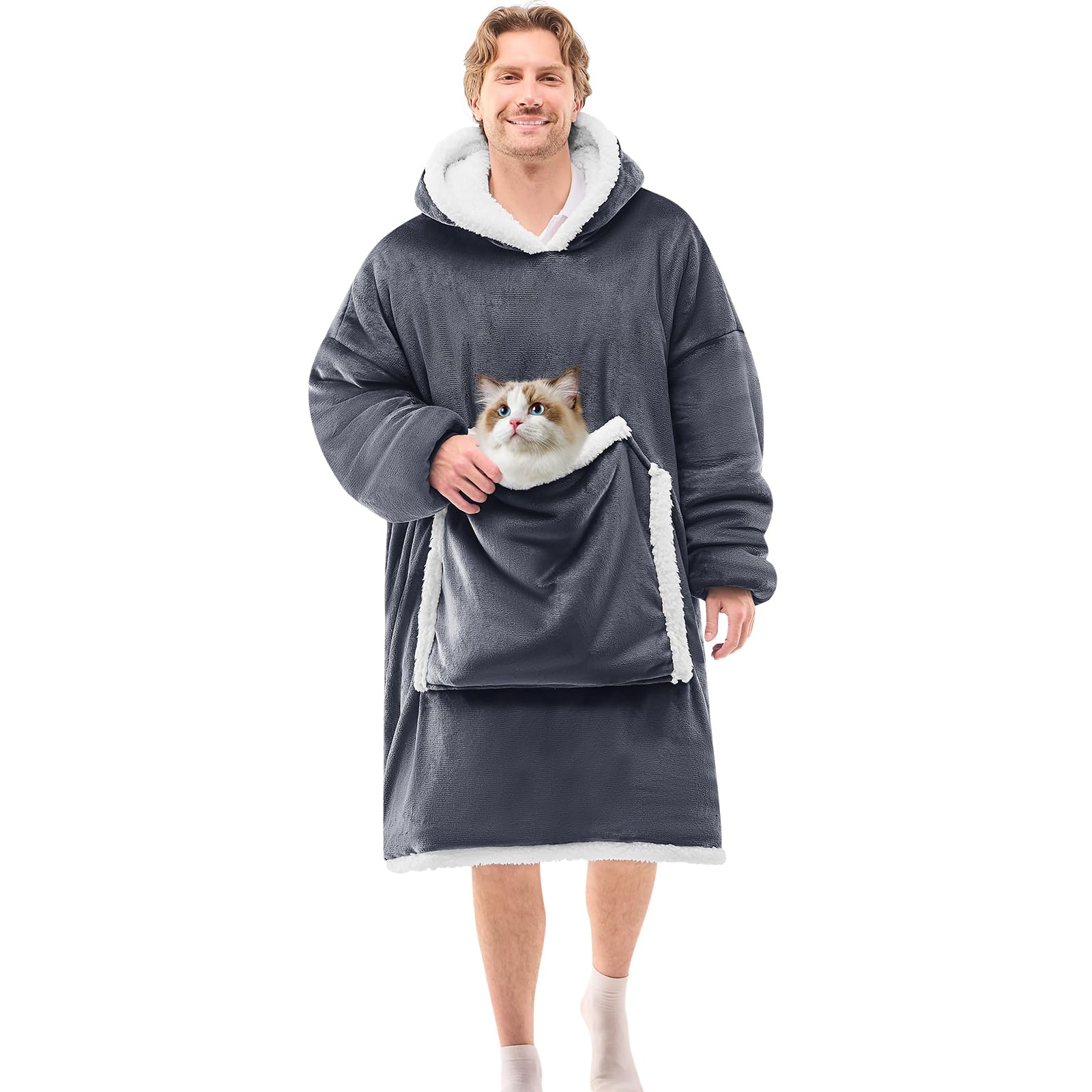 JOYWOO front view of grey oversized wearable blanket hoodie showing roomy fit and pocket benefit