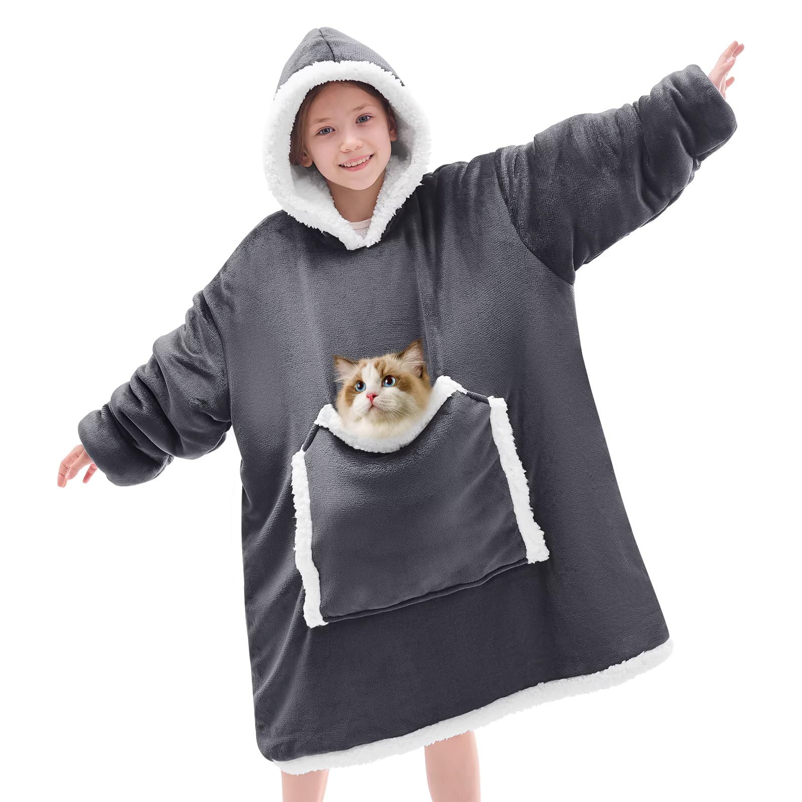 JOYWOO front view of grey small hoodie showing oversized fit and pocket for warmth