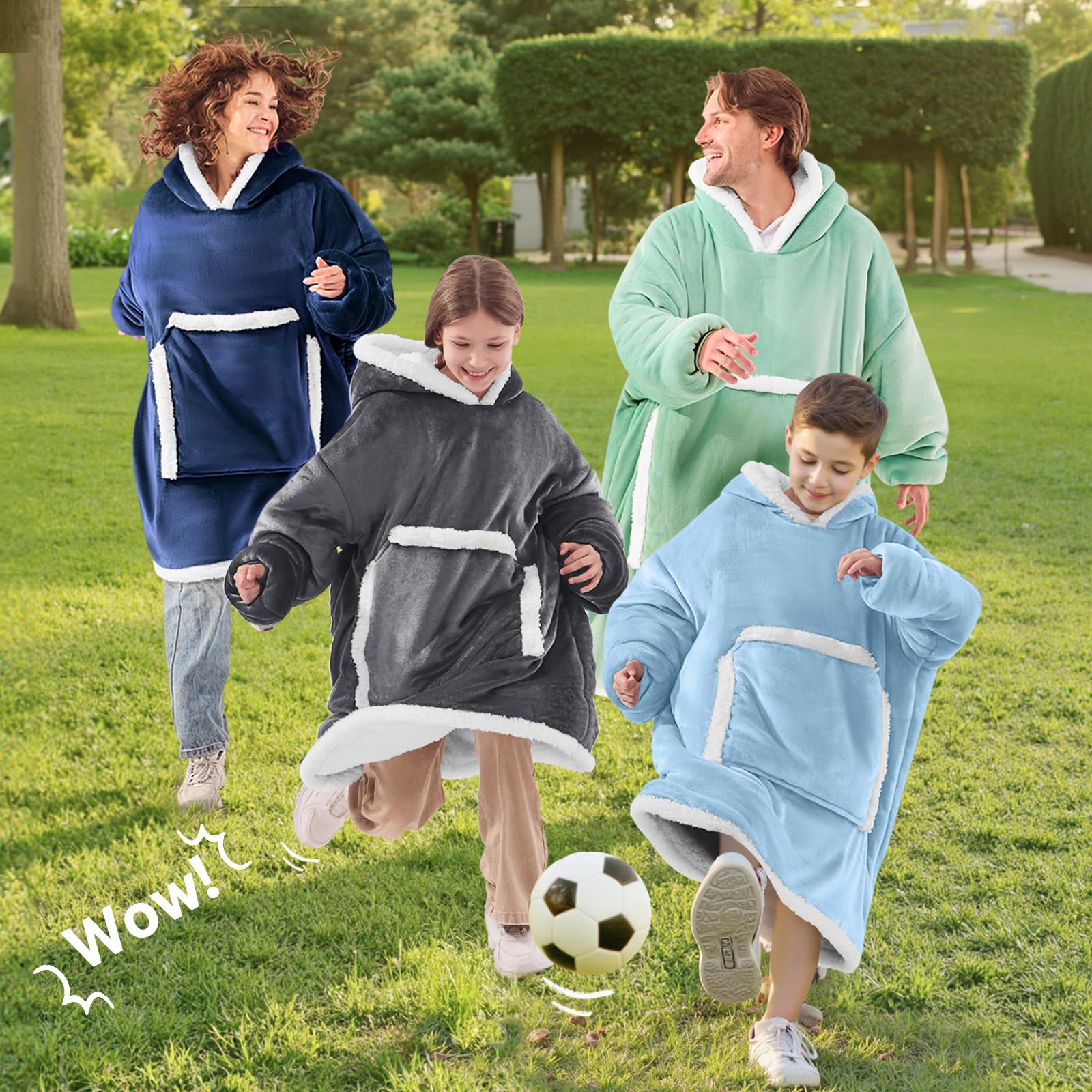JOYWOO kids wearing the blanket hoodie on sofa for relaxed family comfort