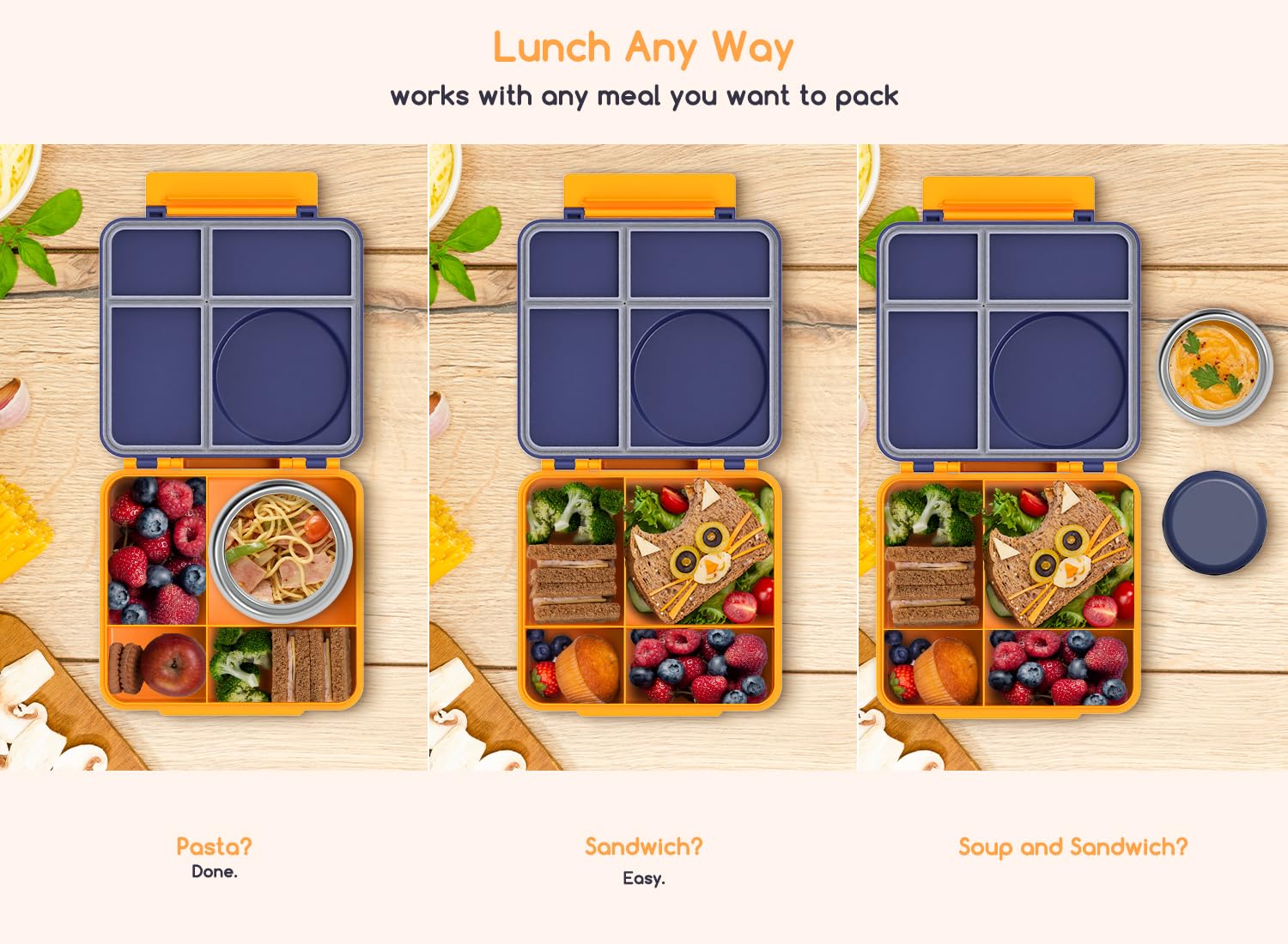 JoyYum navy bento held in adult hand showing compact size and portability