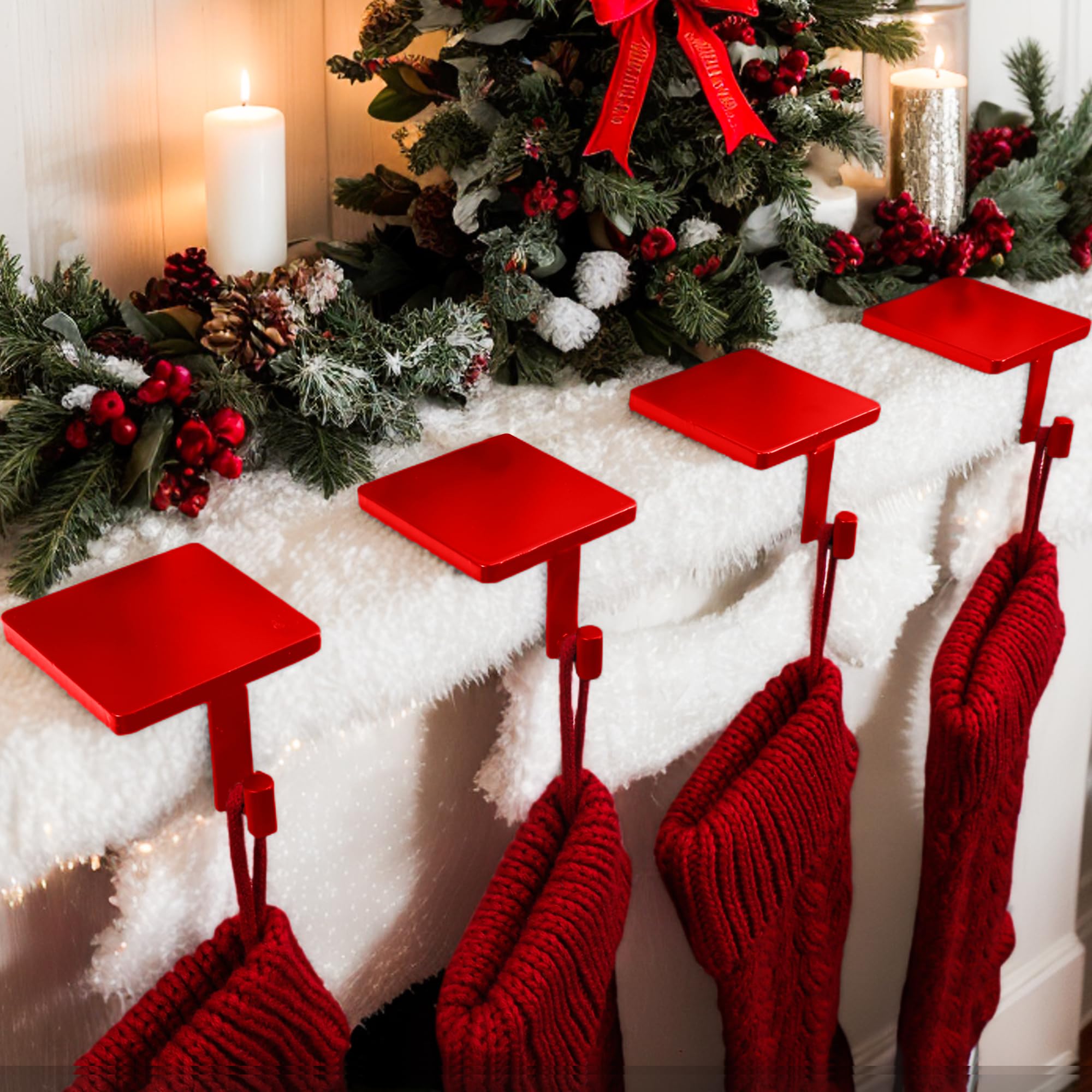 Joyyy front view of red stocking holder showing sturdy base and festive finish