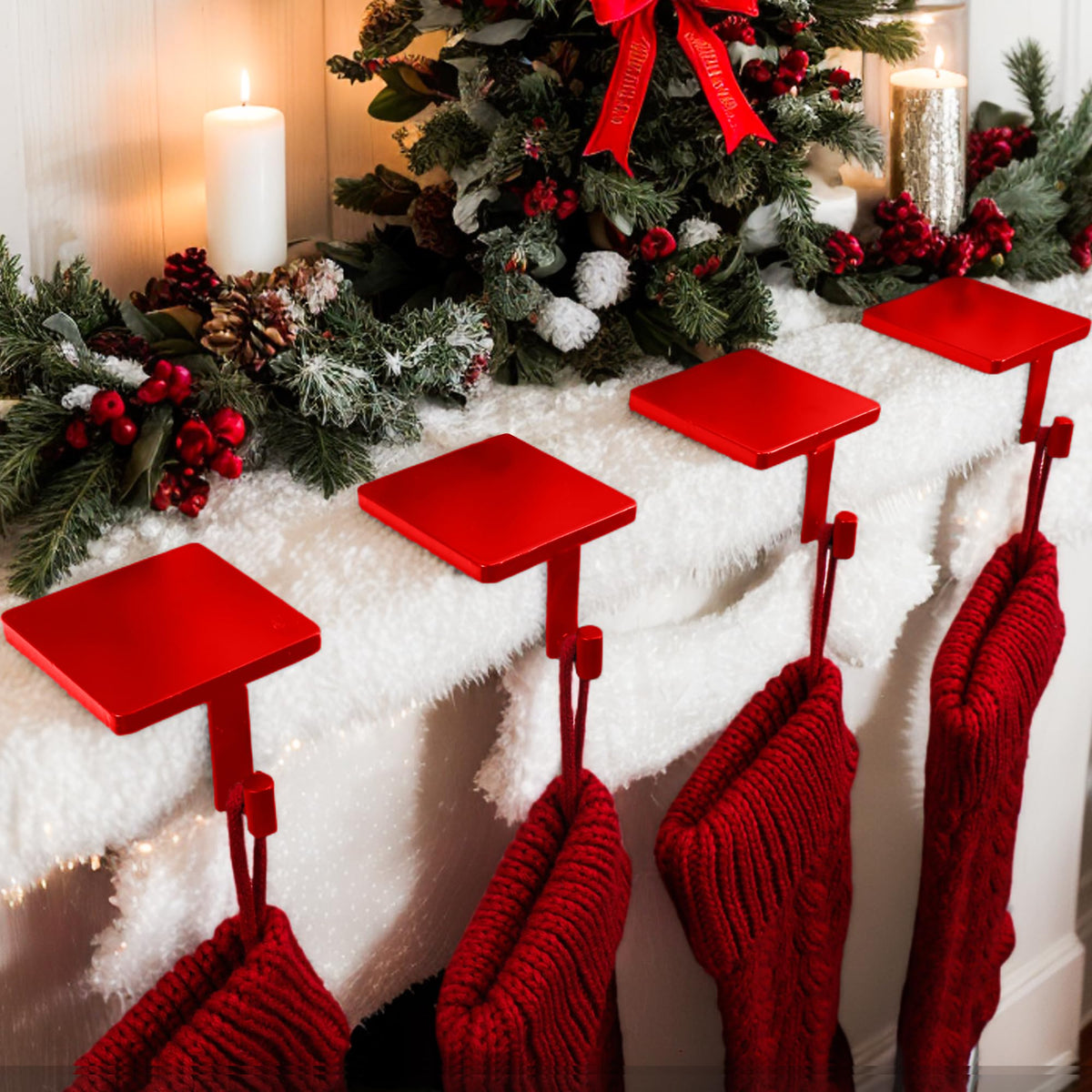 Joyyy front view of red stocking holder showing sturdy base and festive finish
