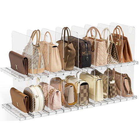 JOYZAN front view of clear 4-pack organizer showing tidy handbags and visibility benefit
