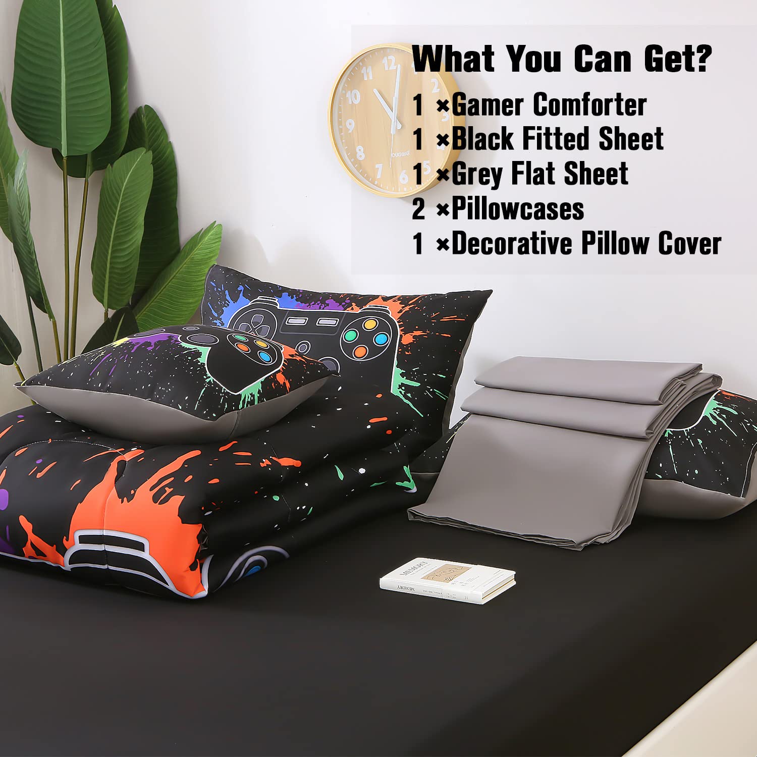 JQinHome staged bedroom with comforter creating an immersive gaming vibe