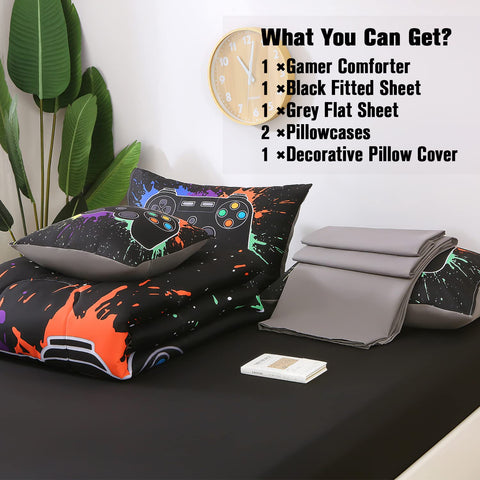 JQinHome staged bedroom with comforter creating an immersive gaming vibe