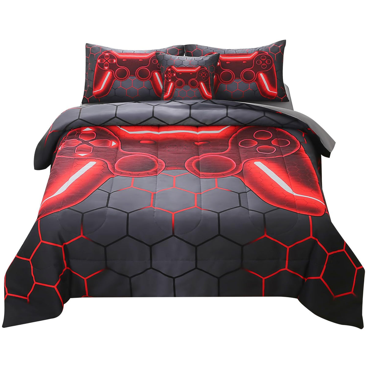 JQinHome front packaging showing full gamer comforter set and easy setup benefit