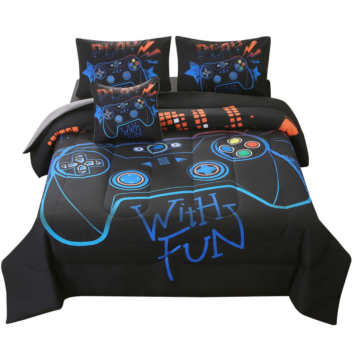 JQinHome front view of twin gaming comforter set showing full design and organized packing