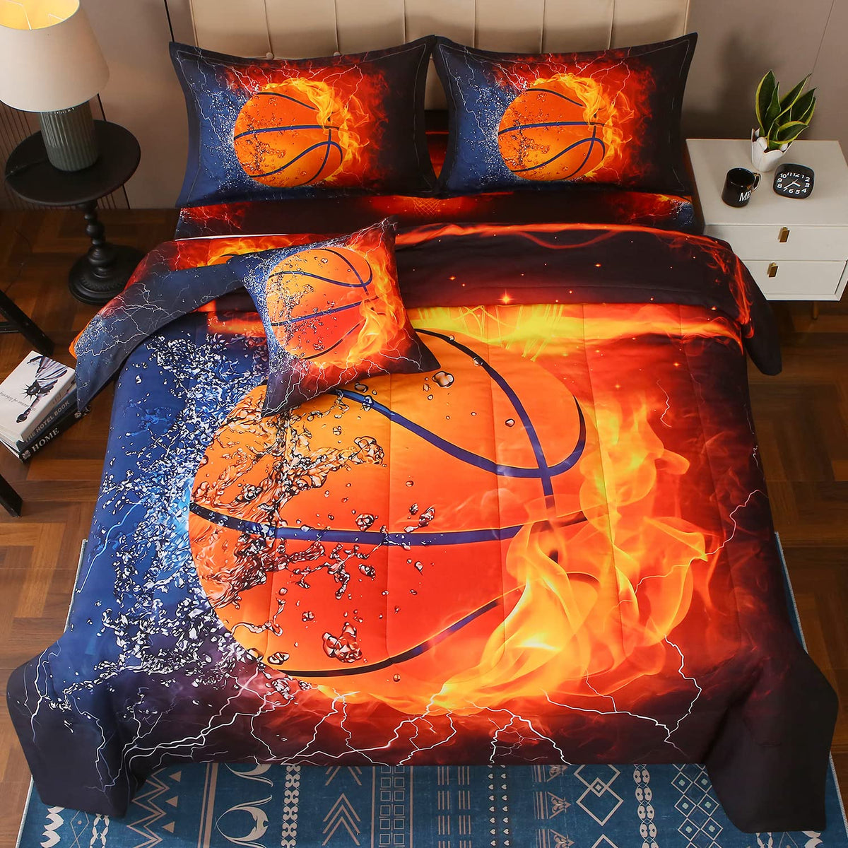 JQinHome front view comforter showing basketball fire design and bold colors for style