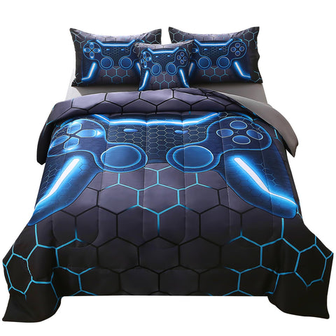 JQinHome front view of twin comforter with blue controller design showing bold style