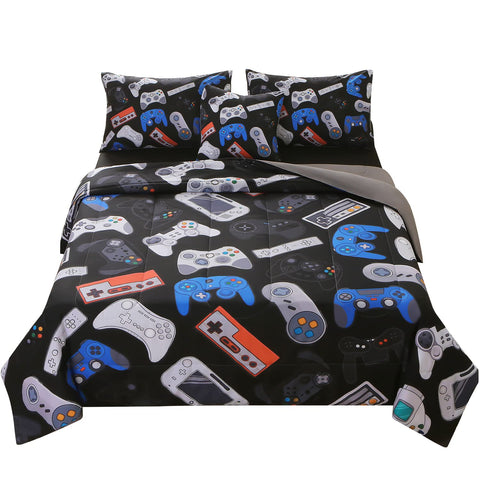 JQinHome comforter front view showing gamepad design and vibrant bedroom impact