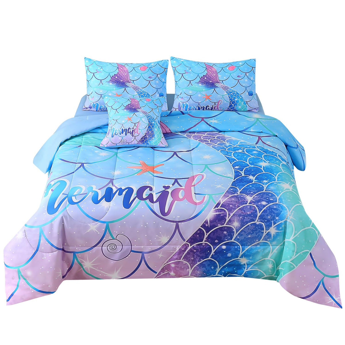 JQinHome comforter front view showing mermaid-tail print and vibrant sparkle teal