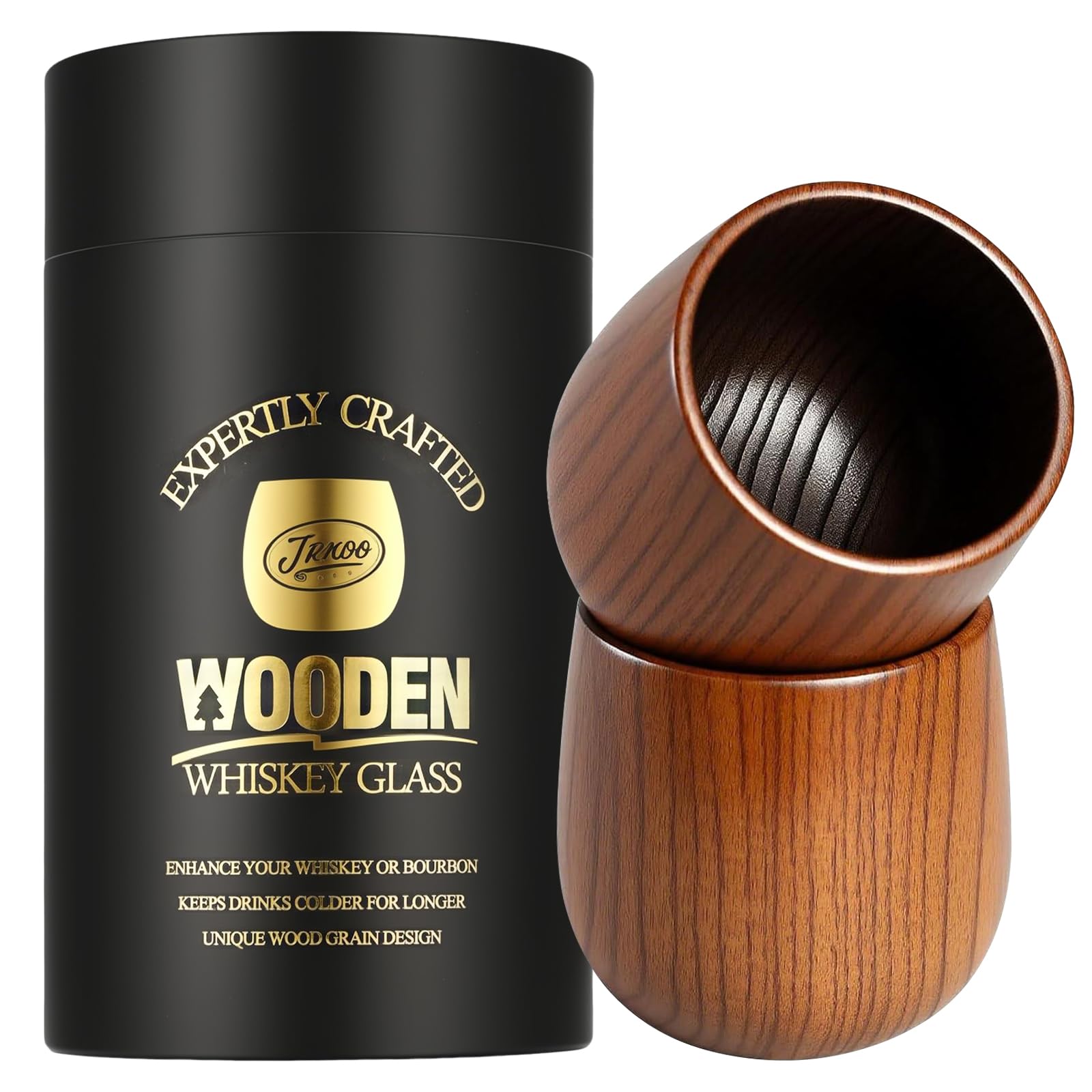 JRKOO front view of two-pack wooden whiskey glasses showing craftsmanship and style