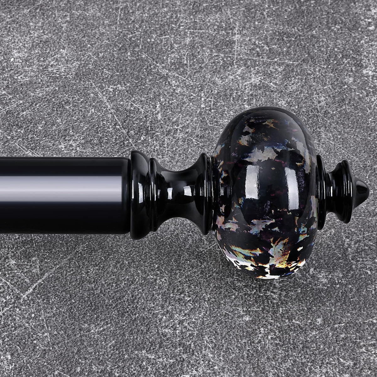 JRZOO front view of black curtain rod with crystal finials showing elegant contrast