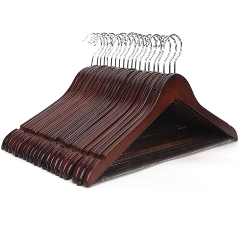 JS HANGER front view of 20 walnut wooden hangers showcasing uniform set and polished look