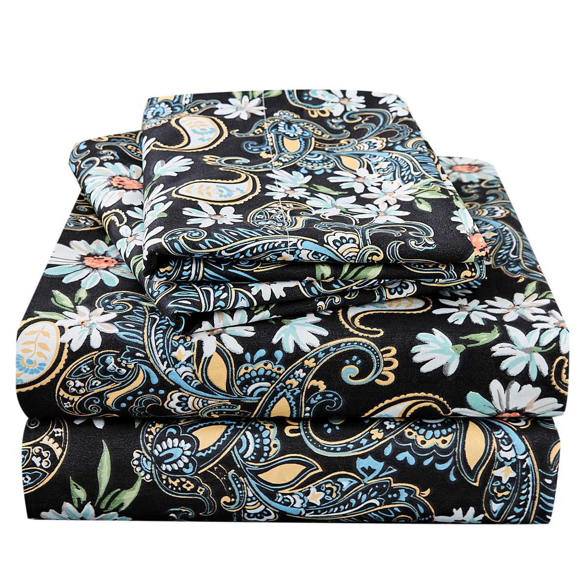 JSD black paisley floral front view showing full pattern and benefit: bold bedroom focal point
