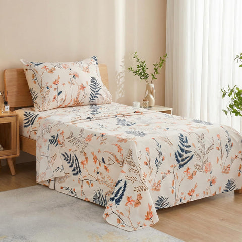 JSD front view of packaged twin sheet set showing boho floral design and labeling benefit - adds seasonal style