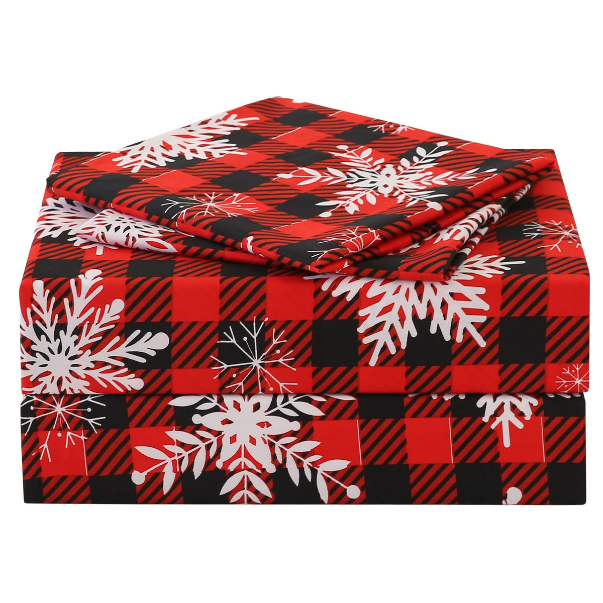 JSD front view of queen sheet set showing red buffalo plaid and snowflakes, decorative appeal