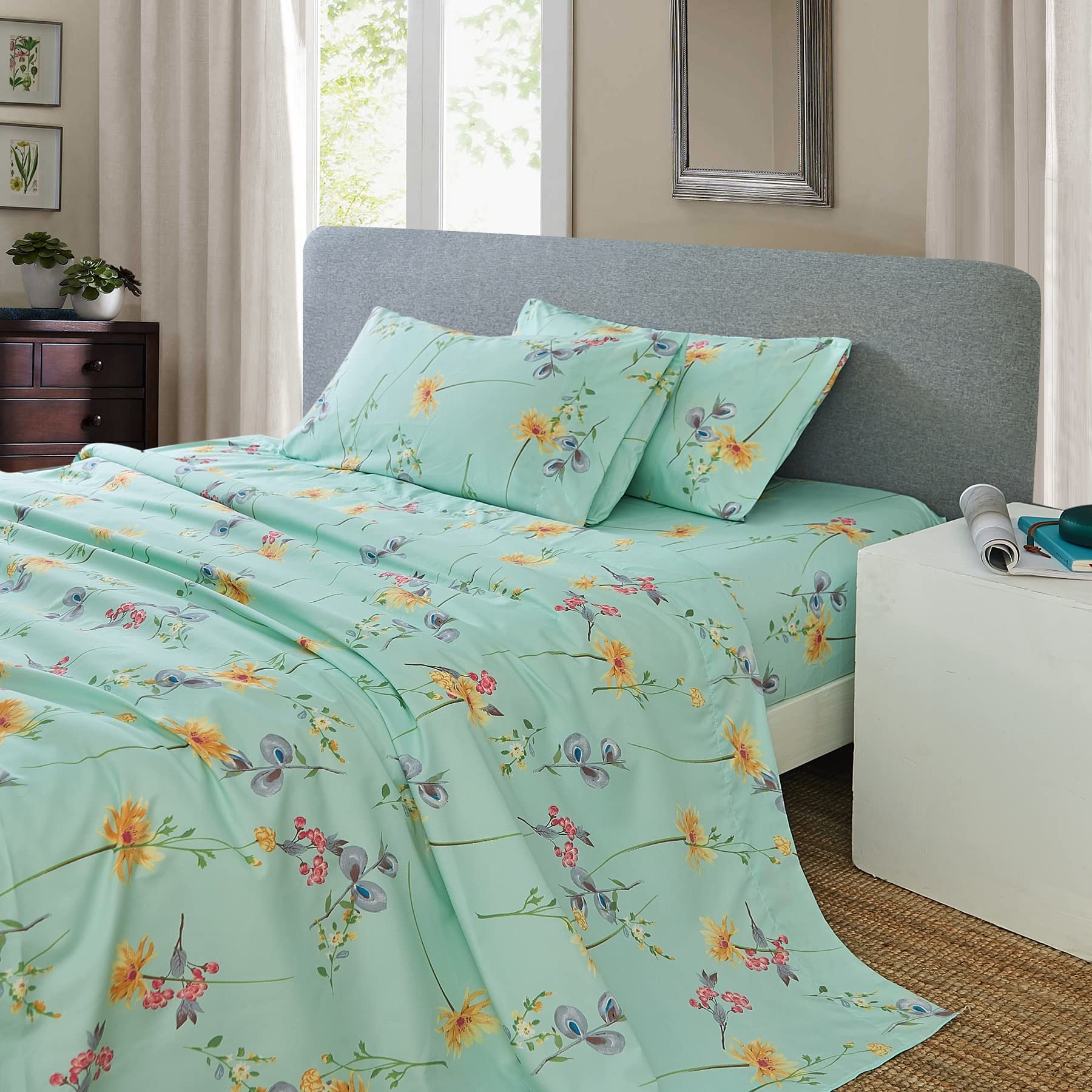 JSD green floral front packed showing set and pattern for instant bedroom refresh