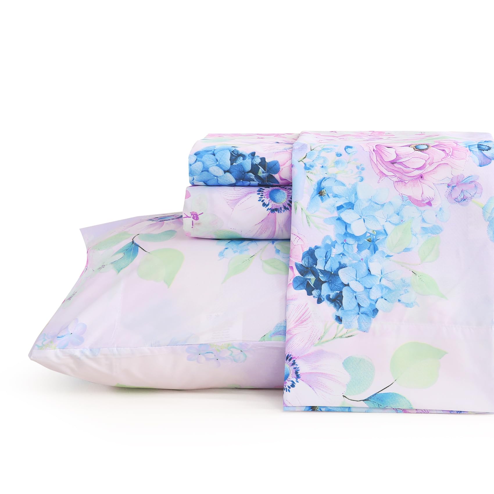JSD front view of purple hydrangea sheet set showing full pattern and package benefit