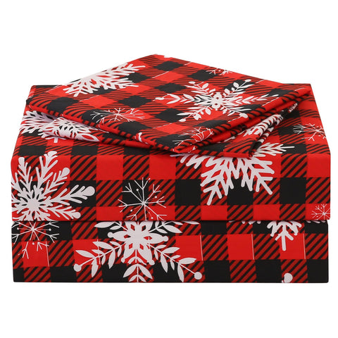 JSD red buffalo plaid sheet set front view showing pattern and packaging, seasonal style maintained