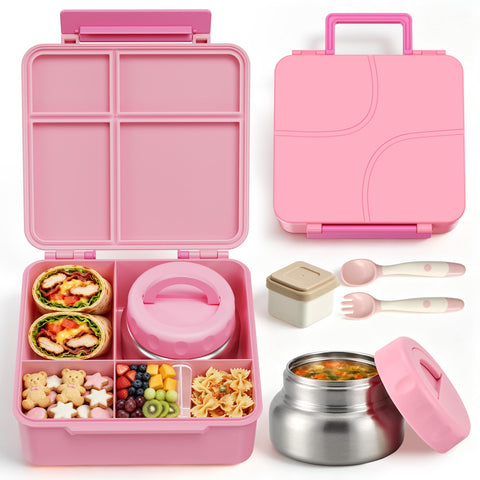 JSLOVE front view of pink bento box showing secure latch and compact shape for easy transport