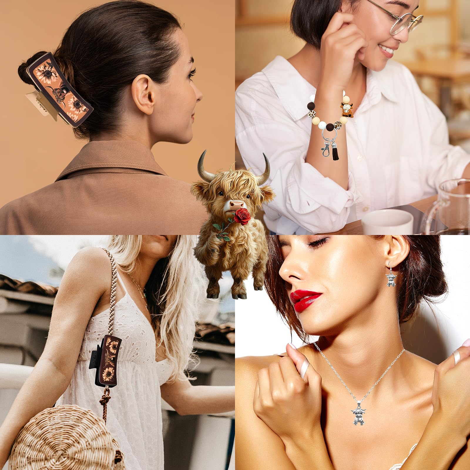 JTAMOHI earrings necklace and hair clips close detail, coordinated accessories for styling
