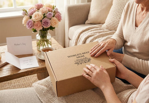 JTEWB mother unwrapping gift box in living room capturing heartfelt surprise