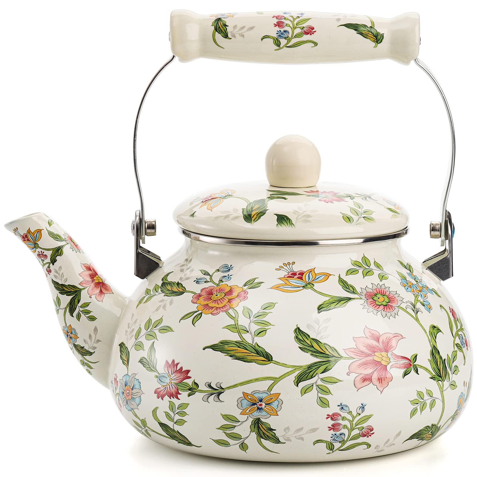 Jucoan kettle front view showcasing green floral enamel and elegant silhouette, decorative appeal