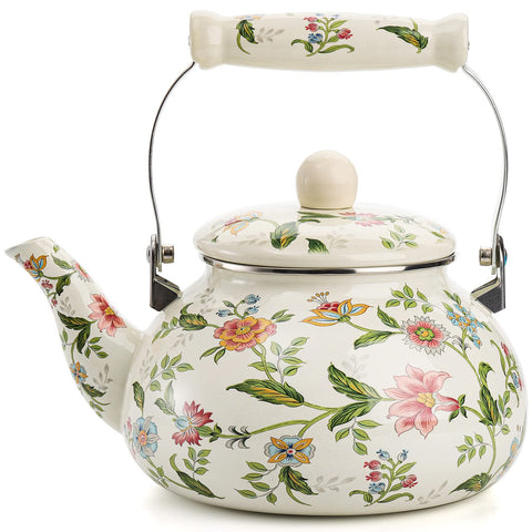 Jucoan kettle front view showcasing green floral enamel and elegant silhouette, decorative appeal
