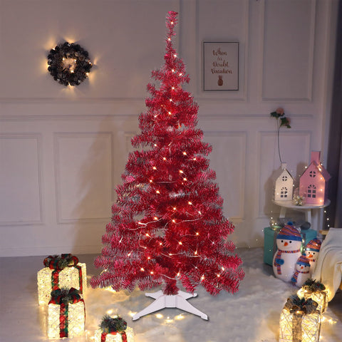 Juegoal close-up of red tinsel branches highlighting full-bodied texture and sparkle