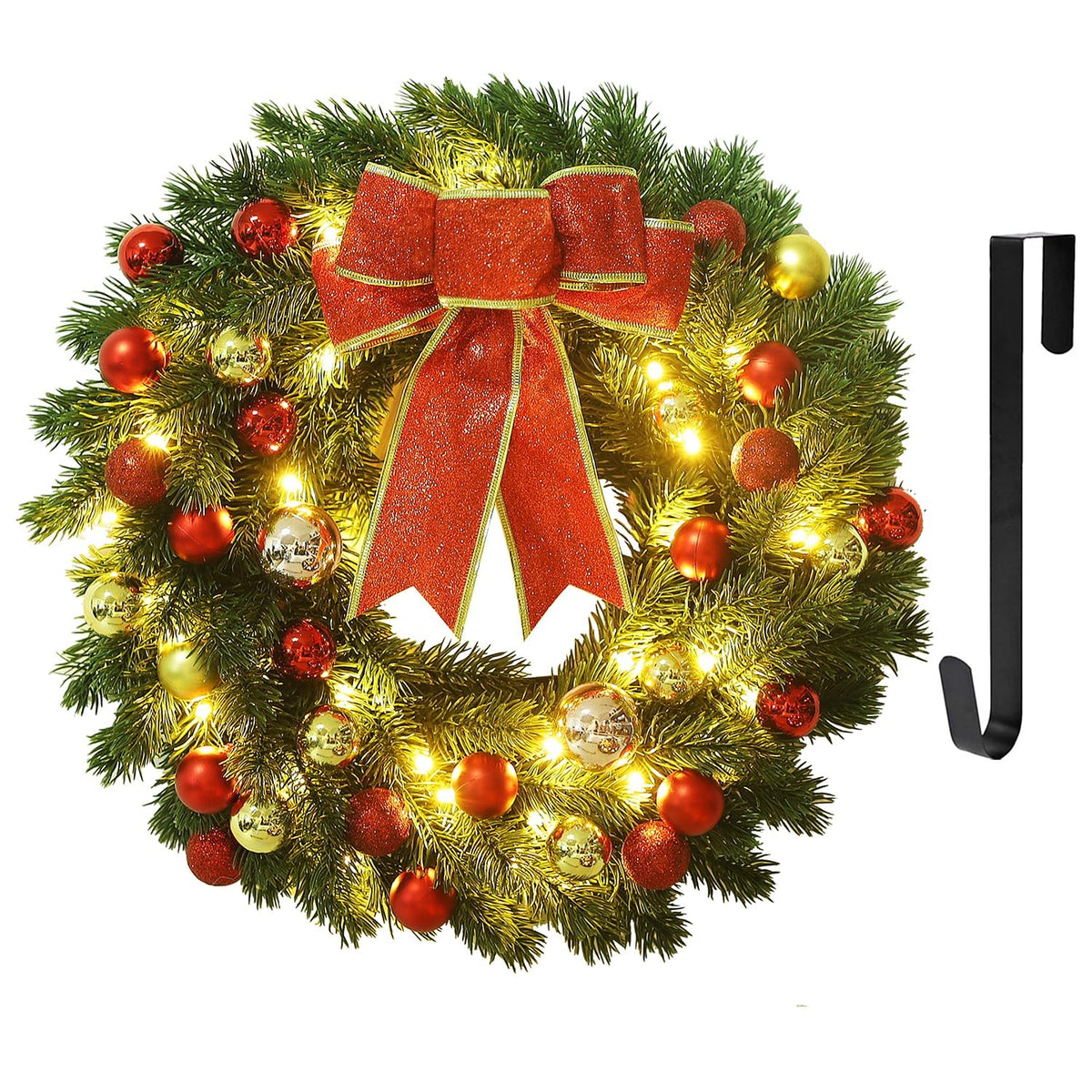 Juegoal wreath on front door showing welcoming holiday ambiance