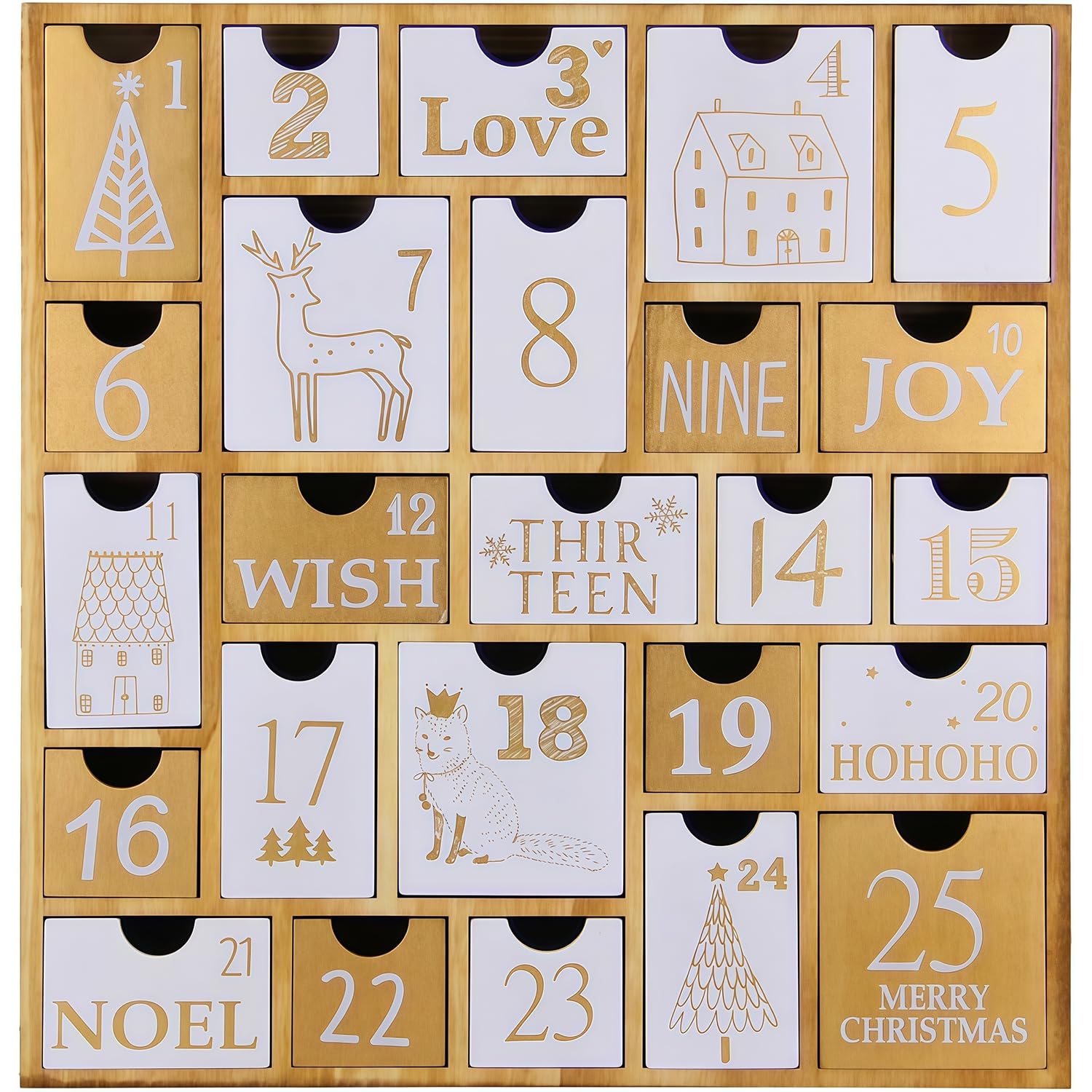 Juegoal front view showing tree shape and 25 drawers, festive display benefit