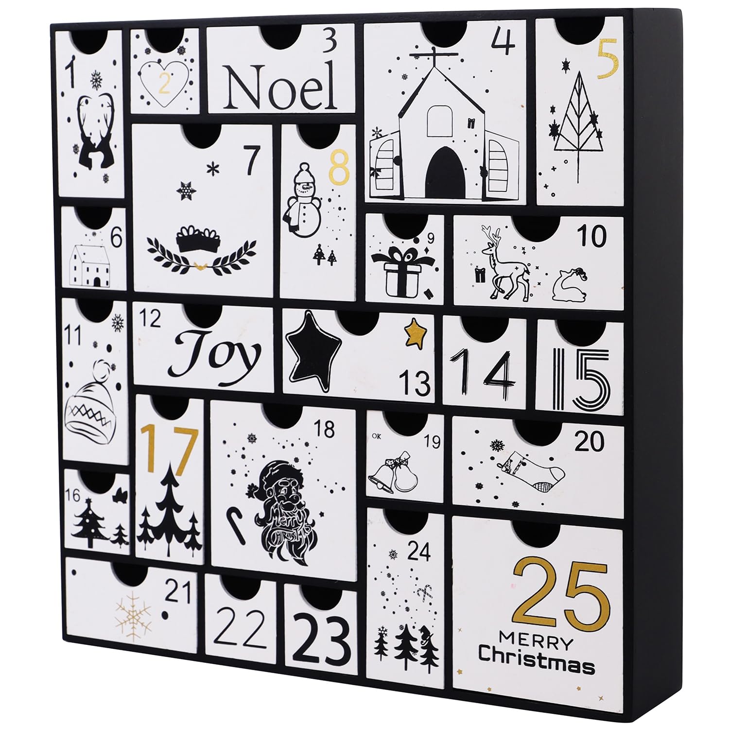 Juegoal front view of black advent calendar showing all 25 numbered drawers and style benefit