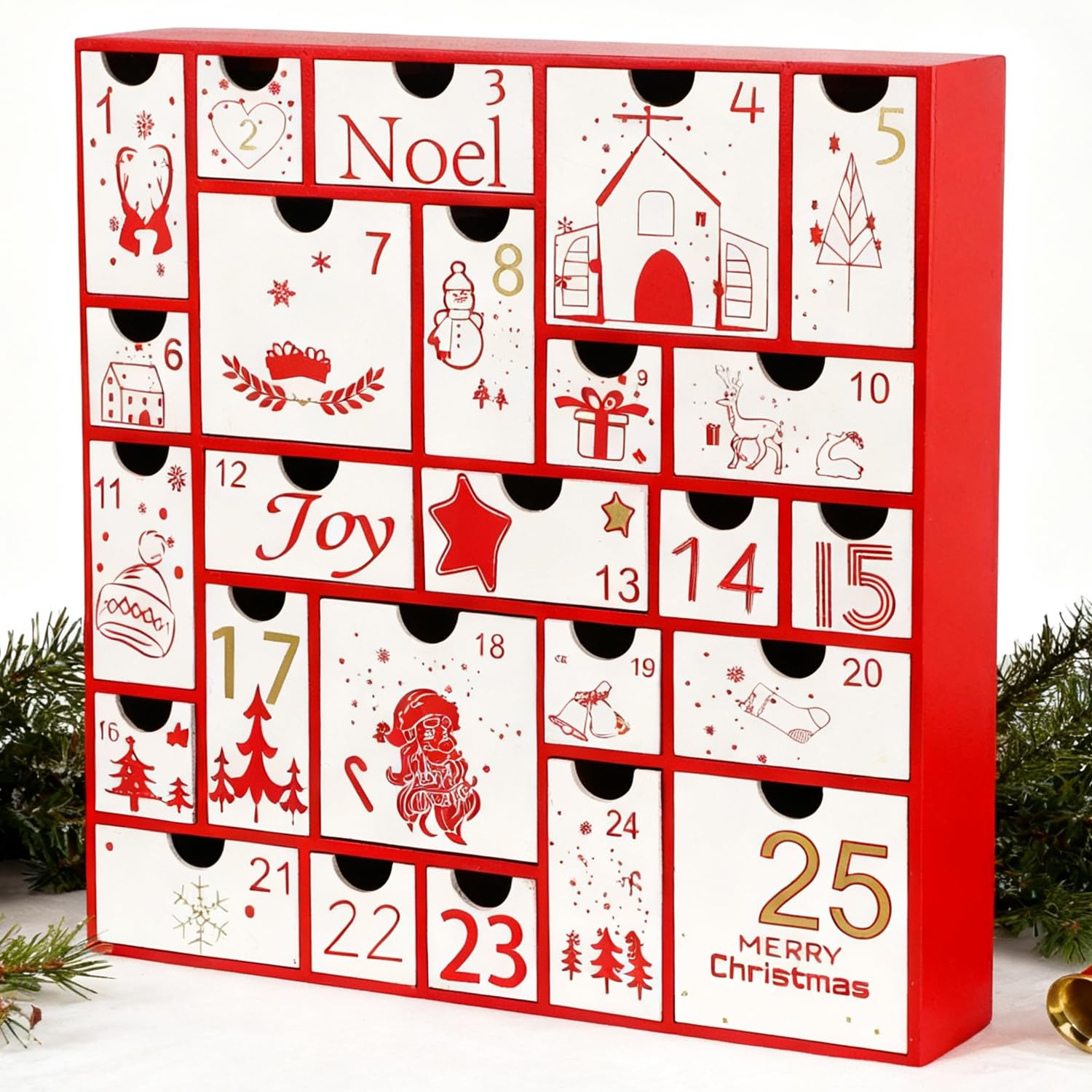 Juegoal front view red advent calendar displays 25 numbered drawers and festive color