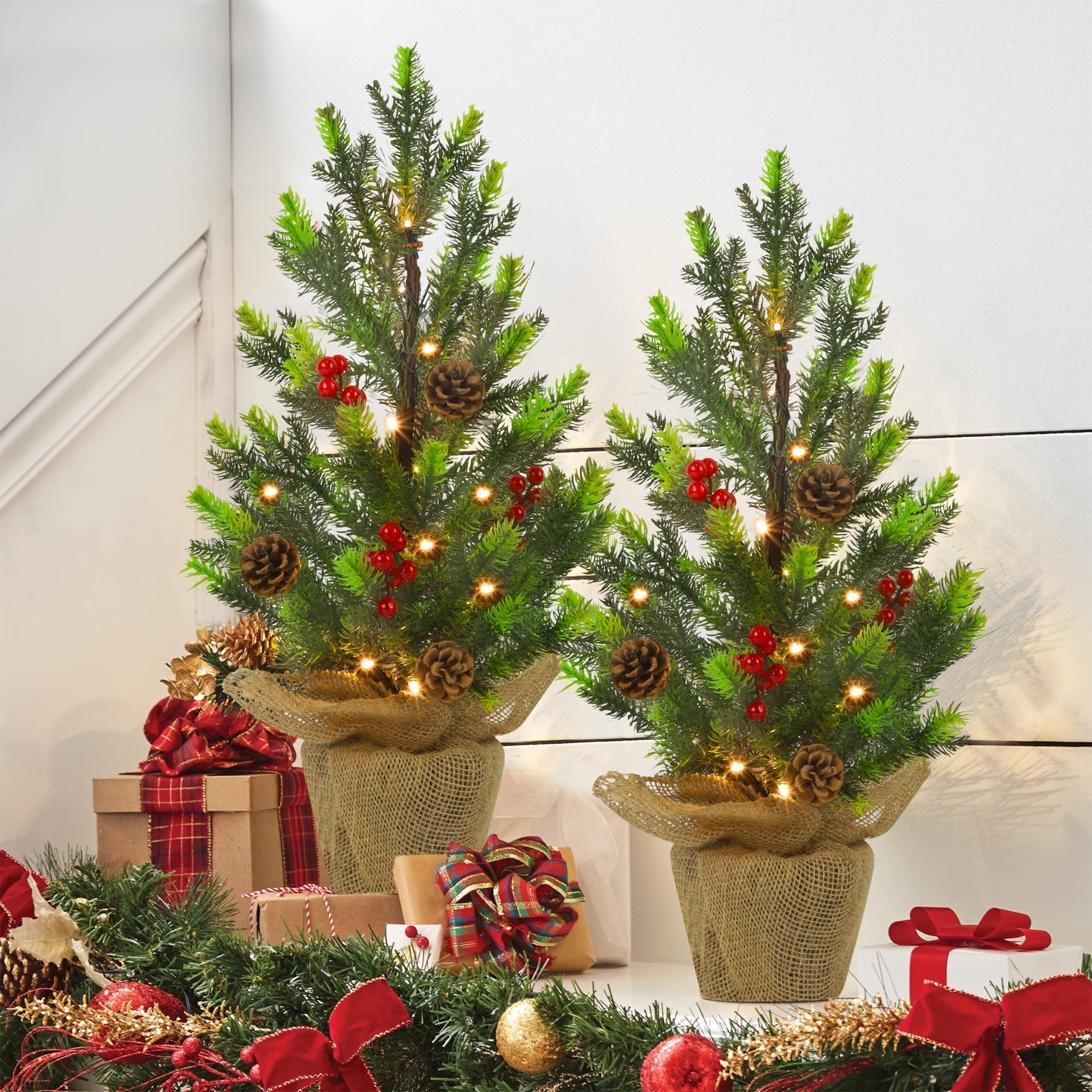 Juegoal front view of both 24-inch trees showing realistic shape and glow