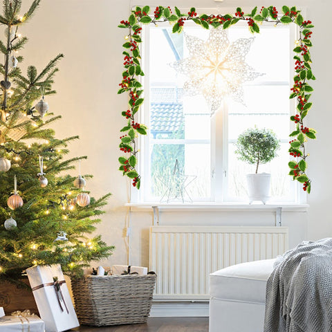 Juegoal garland hung on covered porch showing weather-protected placement