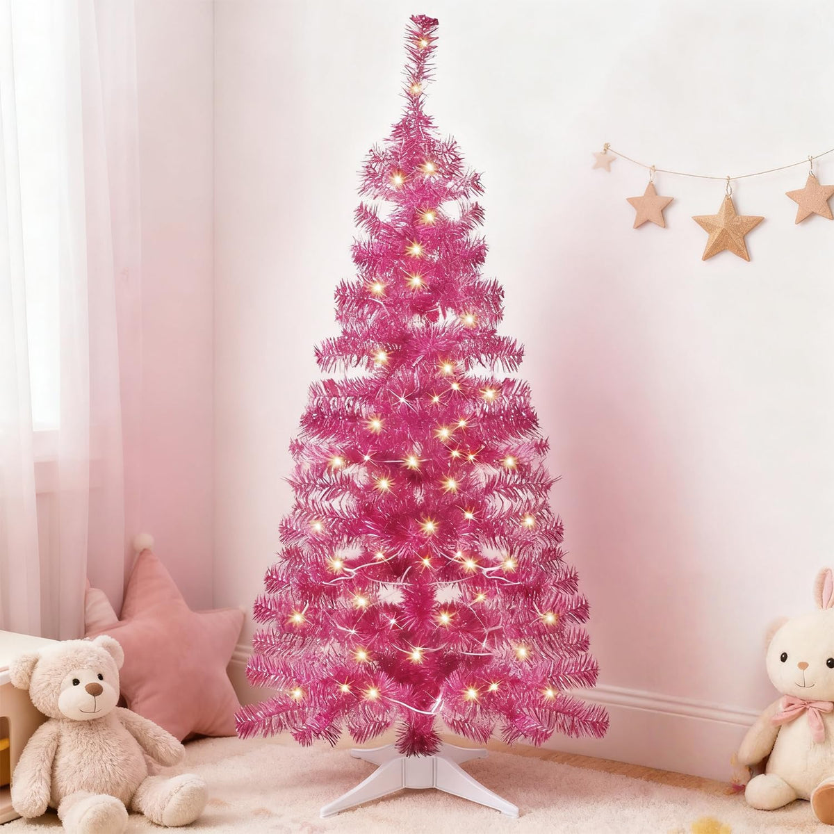 Juegoal pink tree front view showing full tinsel branches and warm light